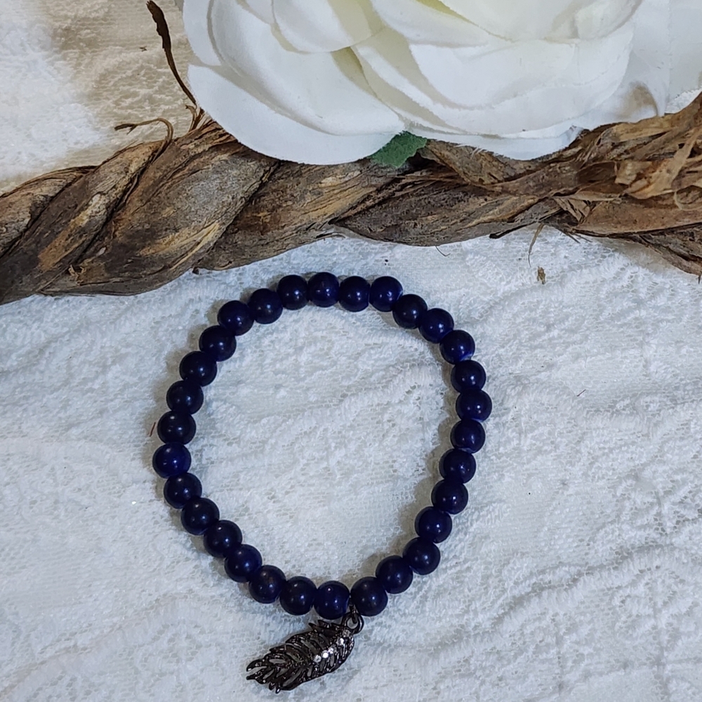 Navy Blue Beaded Bracelet with Silver Toned Leaf Charm with Rhinestones